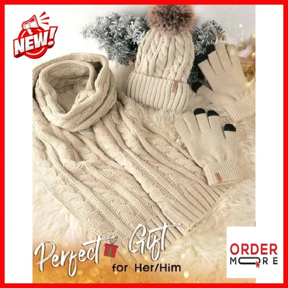 Winter Hat Scarf Gloves Set Fleece Knit Pom Beanie Touchscreen